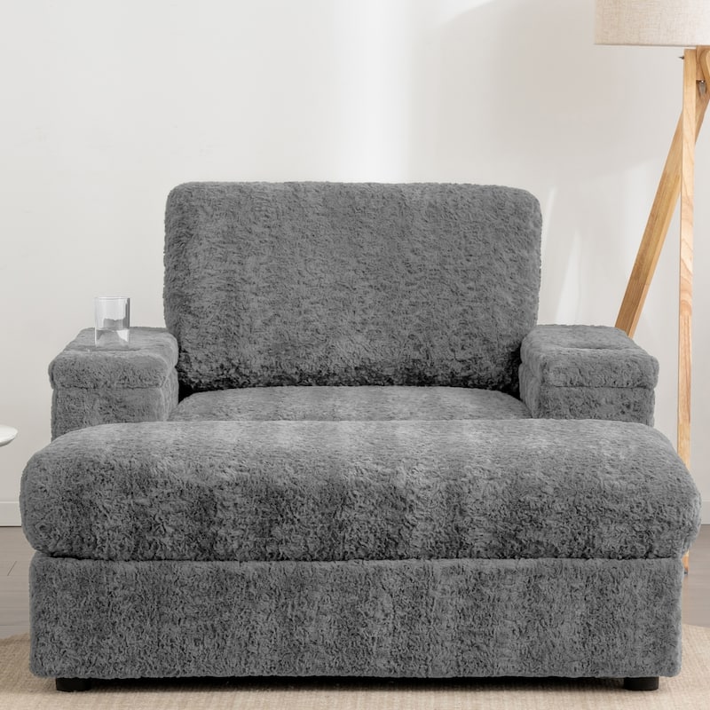 Oversized Upholstered Sleeper Chair Sofa Bed with Storage Ottoman and Armrests,Cup Holders
