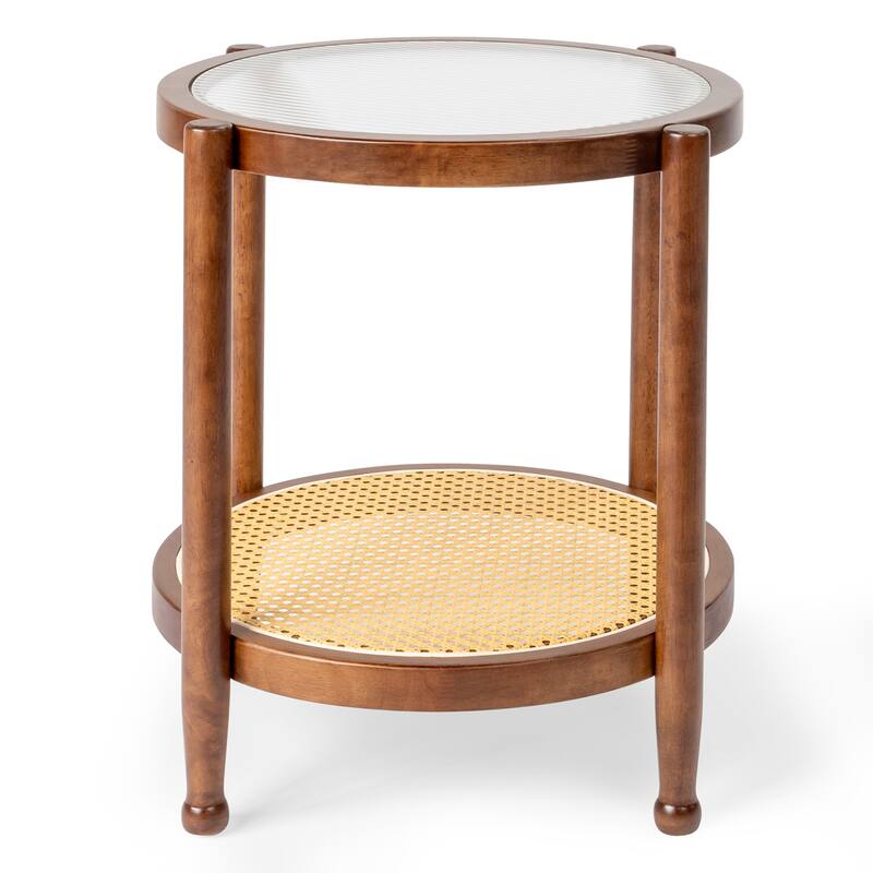 Rubberwood Coffee Table with Tempered Glass and Rattan - 19.7 x 19.7 x 23.2 in