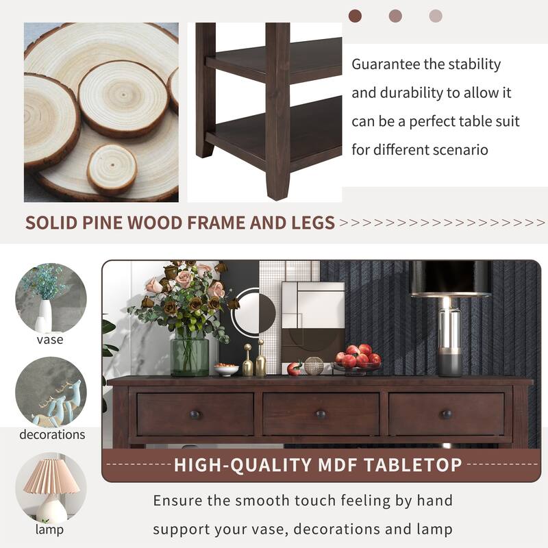 50" Solid Wood Console Table with 3 Drawers & 2 Open Shelves, Mid-Century Side Table Entryway Table for Living Room Entryway