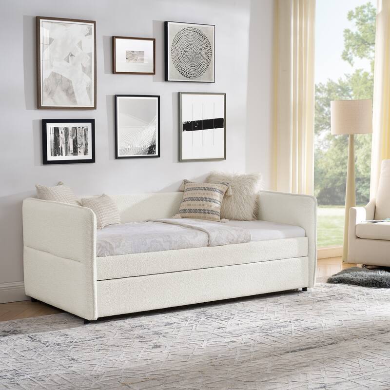 Roomfitters Twin/Full Boucle Daybed with Trundle, Upholstered Sofa Bed Frame with Vertical Stripes, Beige