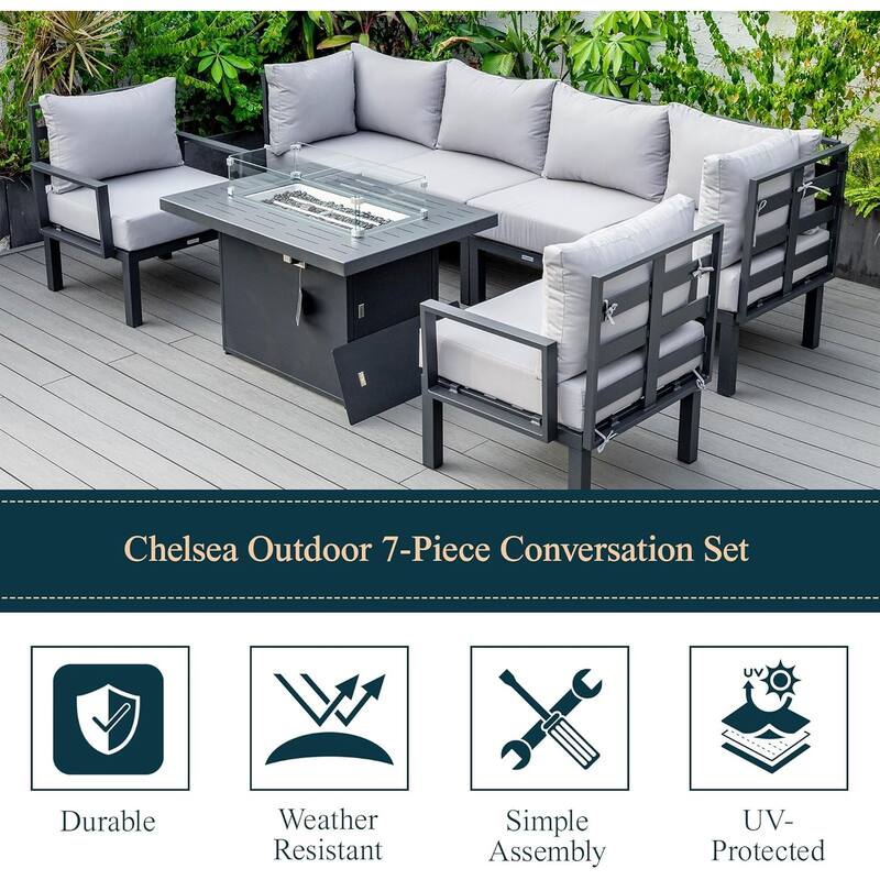 Chelsea 7-Piece Outdoor Patio Sectional Set with Firepit Table in Black Aluminum for Backyard Garden and Patio Deck