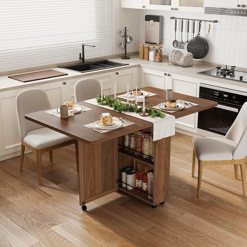 Folding Kitchen Dining Table with Drawer and Storage and Wheels for Kitchens, Apartments (Only Table) - Brown