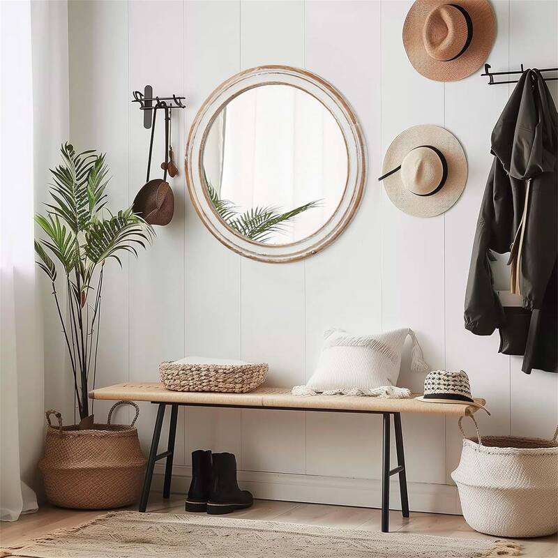 35.4 Inch Round Wood Mirror