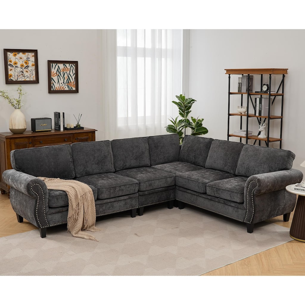 109.5" Modular Sectional Sofa, L Shaped, Chenille, 6 Seater, Dark Gray
