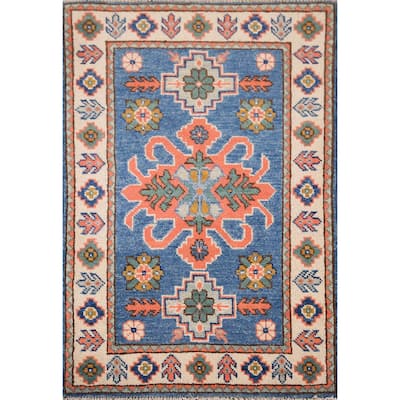 Geometric Kazak Foyer Rug Hand-Knotted Blue Wool Carpet - 2'0" x 3'0"