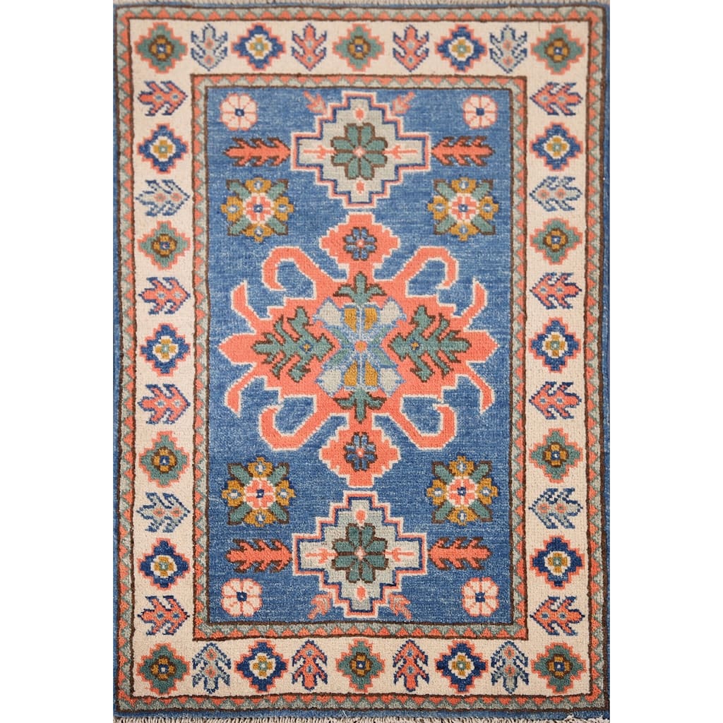 Geometric Kazak Foyer Rug Hand-Knotted Blue Wool Carpet - 2'0" x 3'0"