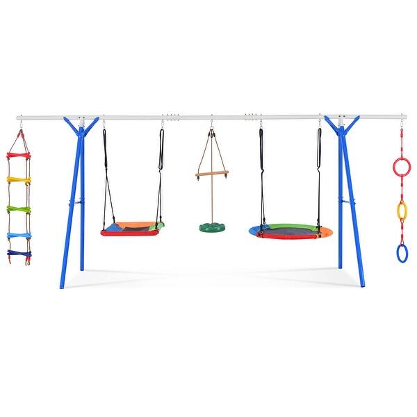 dimension image slide 1 of 2, 5 In 1 Outdoor Toddler Swing Set For Backyard, Playground Swing Sets With Steel Frame, Multifunction Playsets For Kids With Clim