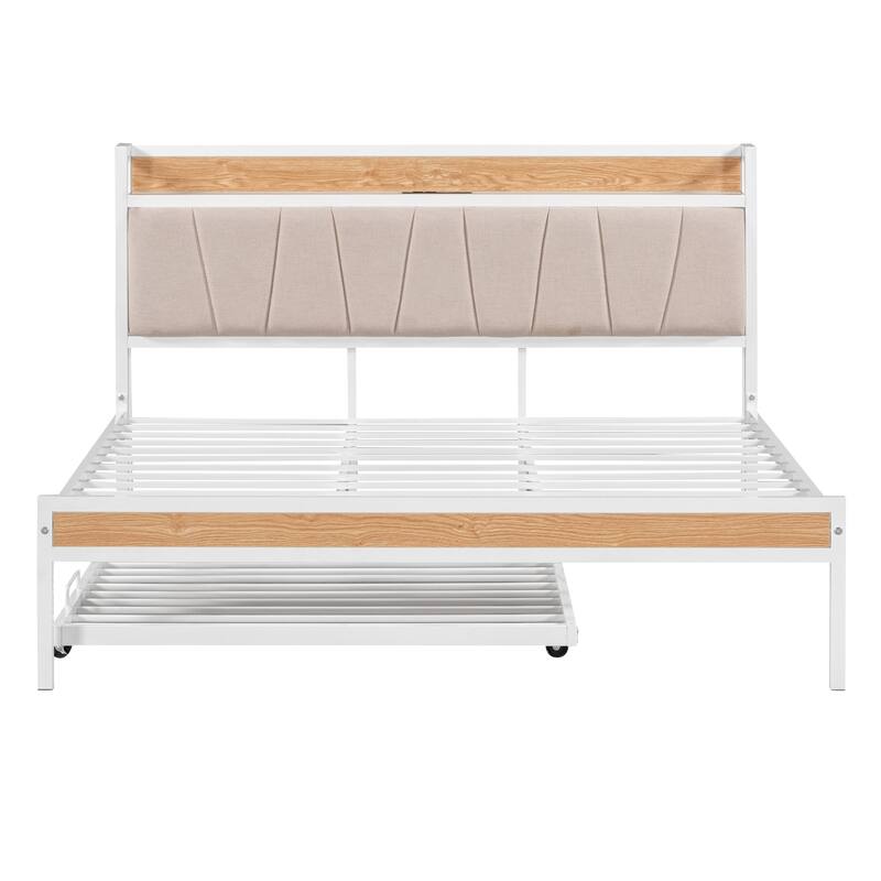 HomeRoots White Metal Queen Bed Frame With Trundle
