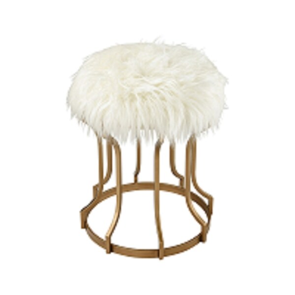 20.5" White Faux Fur Foam in Gold Metal Base Galore Round Ottoman - N/A