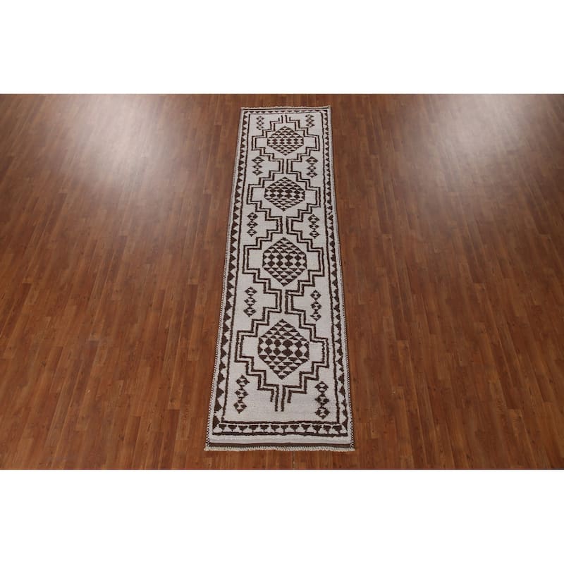 Geometric Anatolian Turkish Runner Rug Handmade Beige Wool Carpet - 3'1"x 11'6"