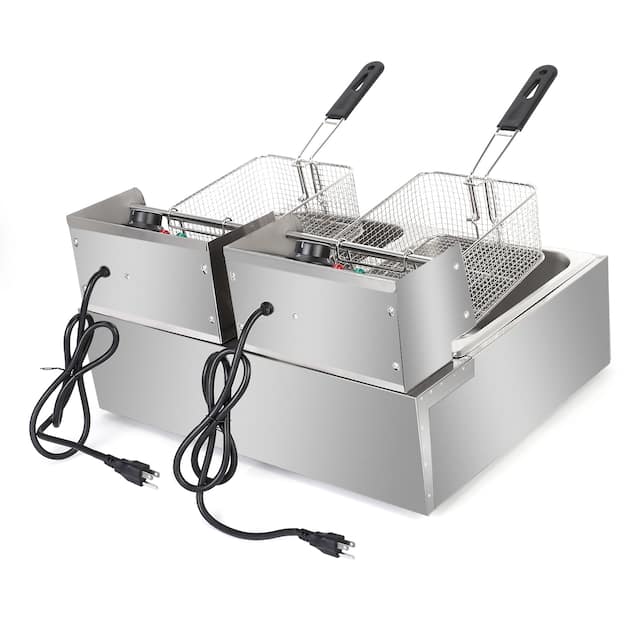 6.3QT/12.7QT Stainless Steel Single/Double Cylinder Electric Fryer Tabletop Restaurant Frying Basket(2500W/5000W)