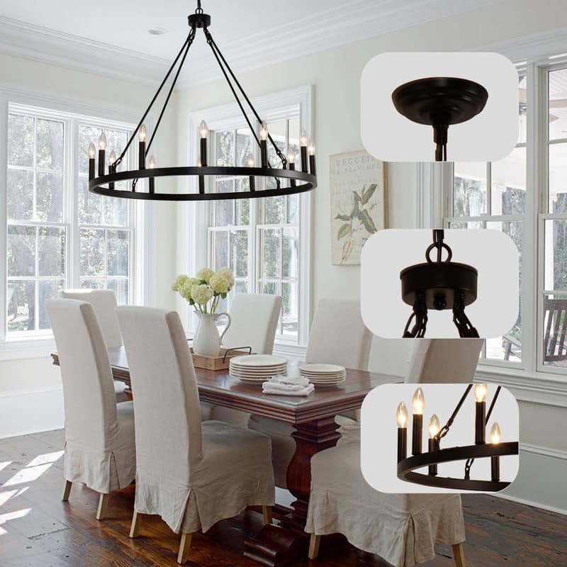Farmhouse Chandelier Wagon Wheel Chandelier, Round Iron Chandeliers Candle Lighting - 12 light -38 inches