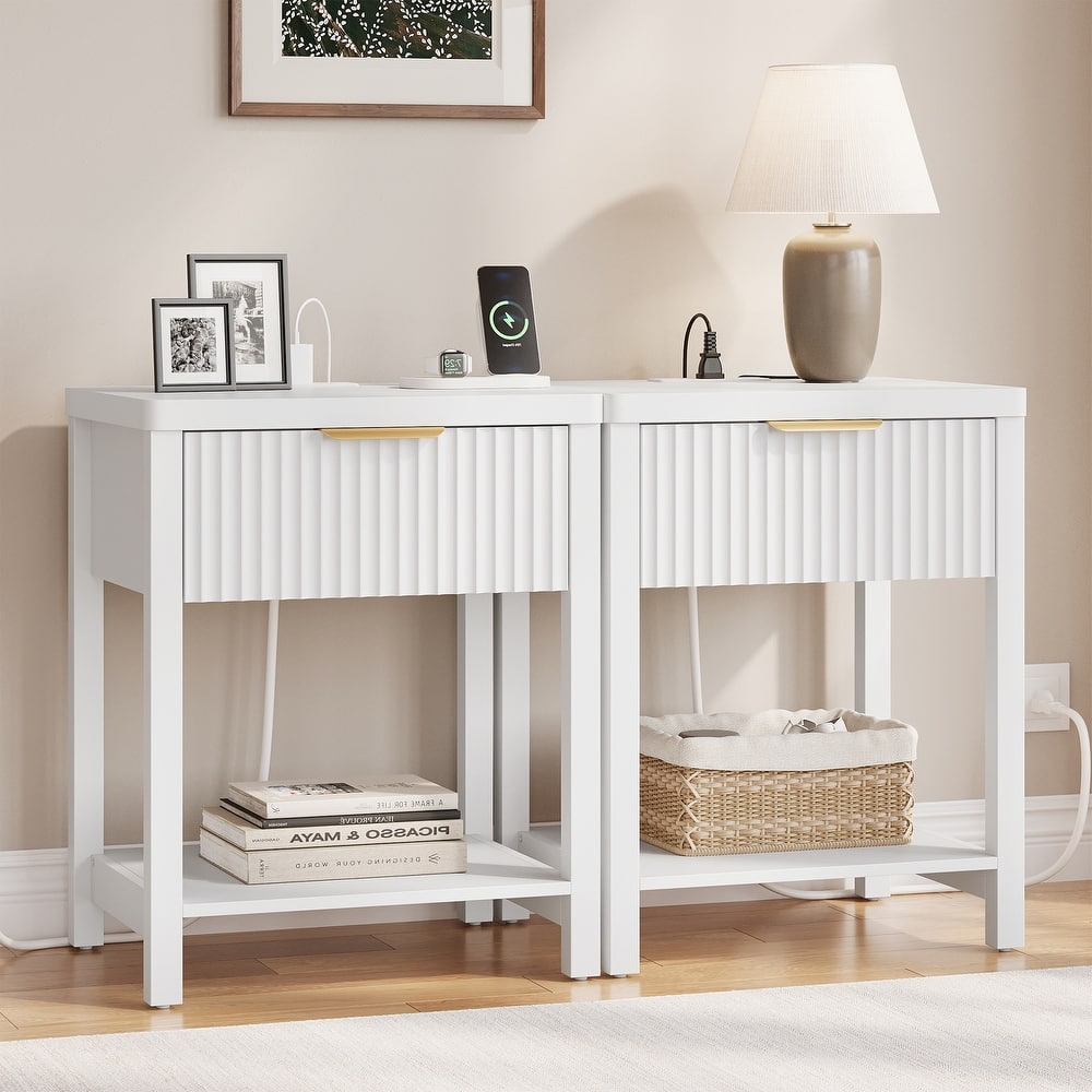 Nightstand with Drawers Fluted Bedside Table with Charging Station