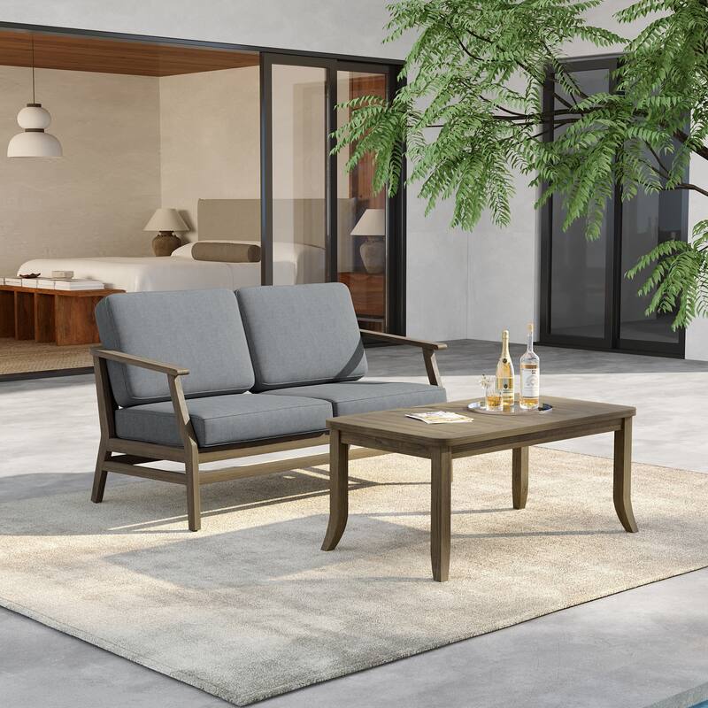 Outdoor Loveseat Sofa with Coffee Table Teak Wood Patio Furniture