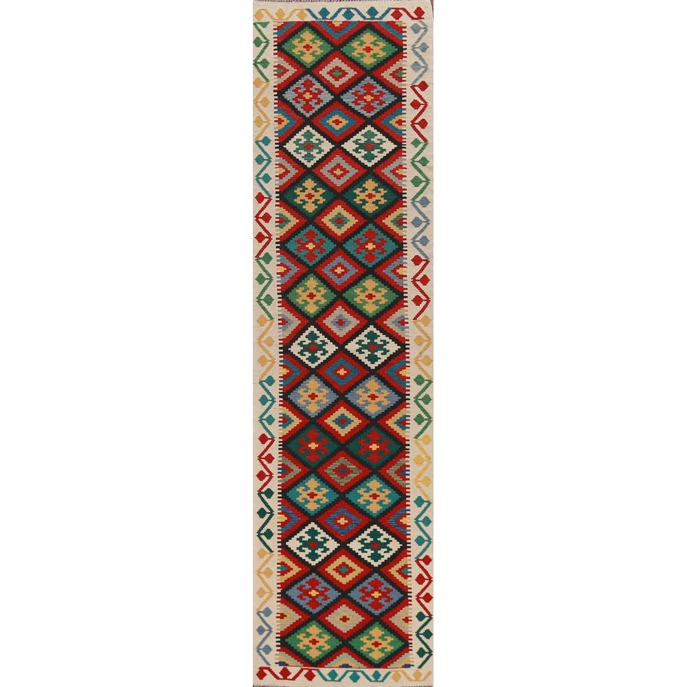 Hand Woven Oriental 100% Wool Carpet Southwestern Geometric Multi-Colored Kilim Runner Rug - 13' 2'' X 2' 9''