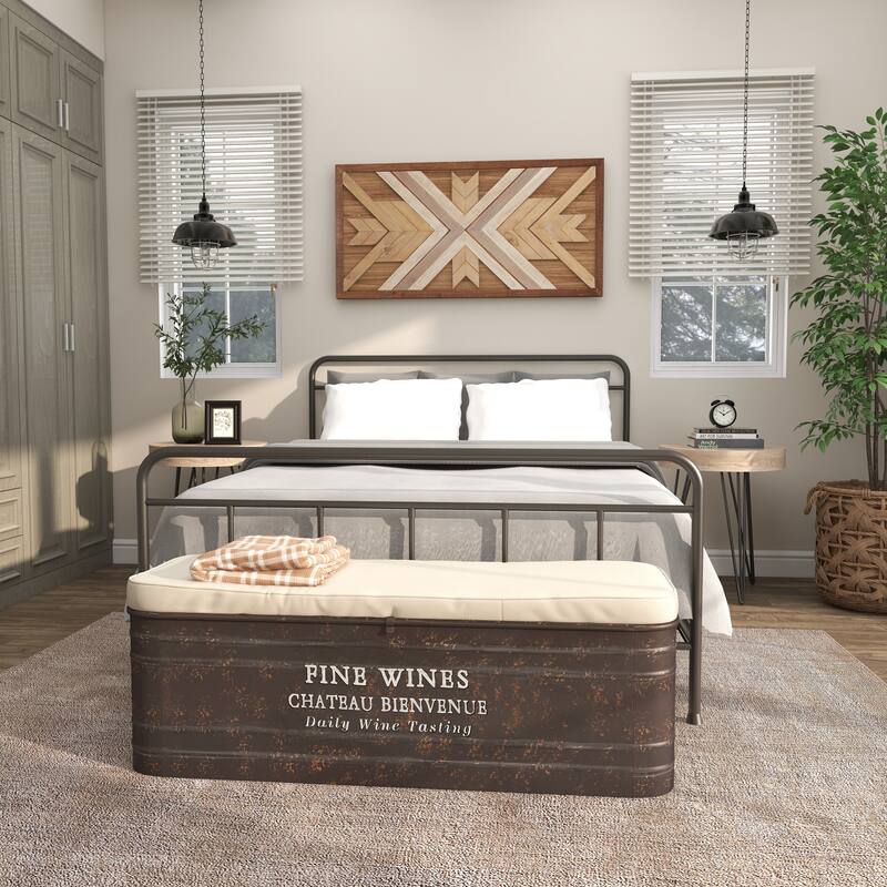 Brown Metal Storage Bench with Cream Burlap Top and Champagne Typography