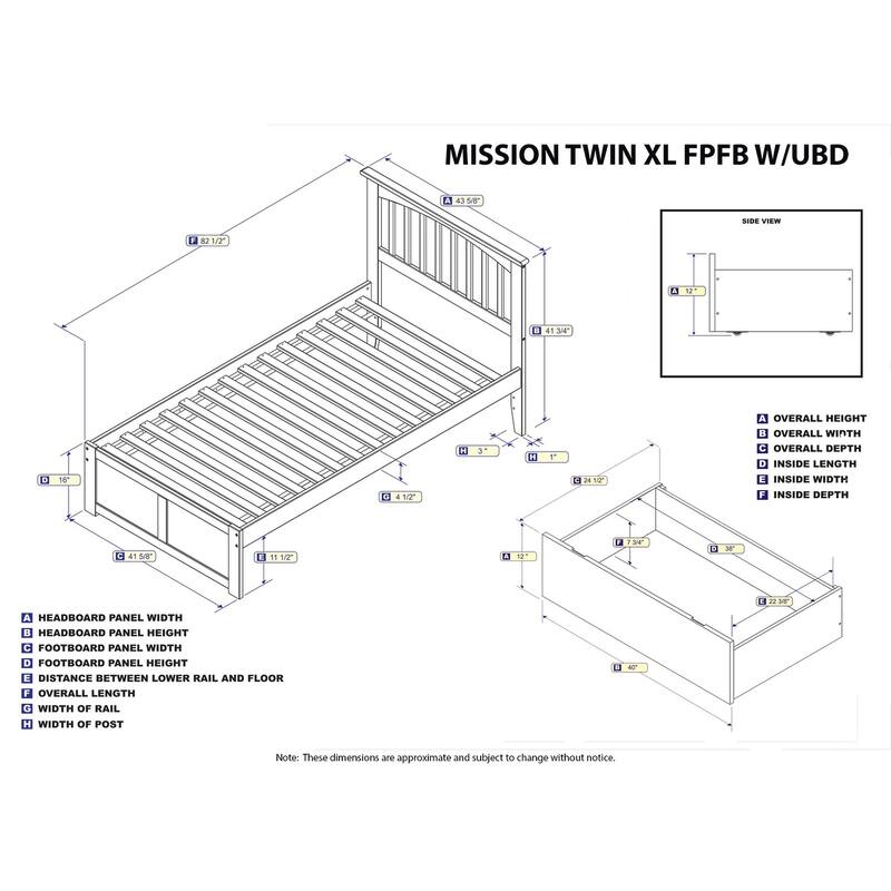 Mission Twin XL Platform Bed with Footboard and 2 Drawers in Grey