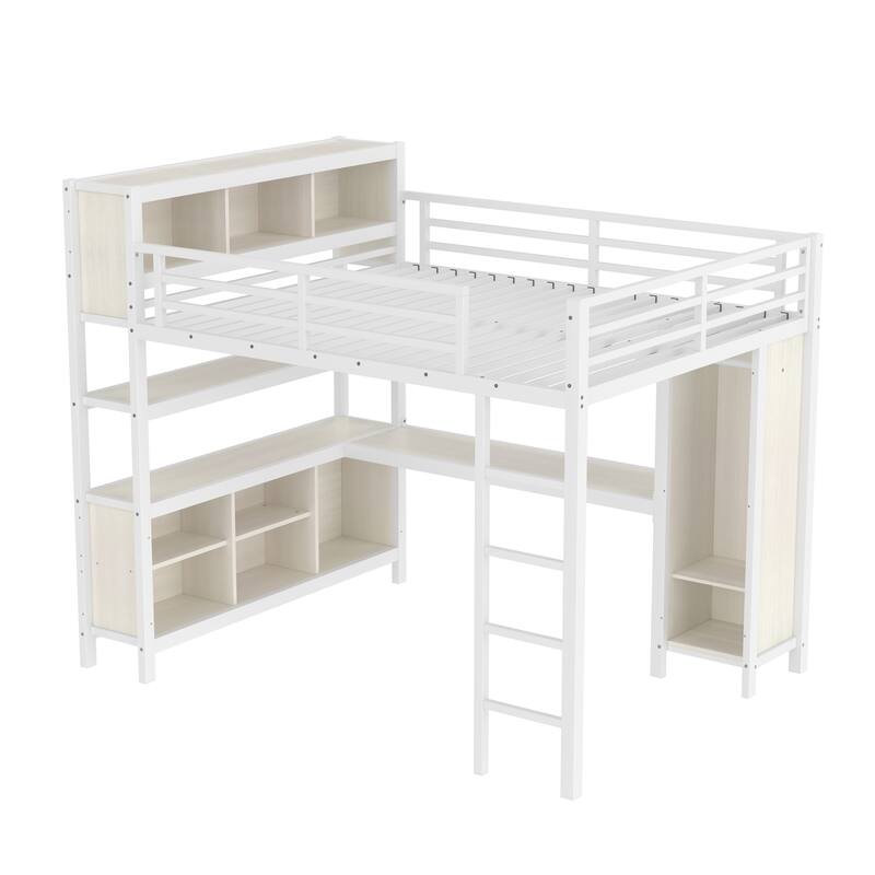 Queen Size Metal Loft Bed with Wardrobe, L-shaped Desk, and Storage, White Wood-grain