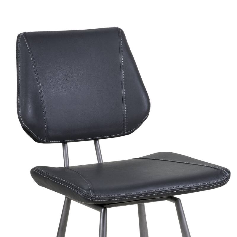 Leather Upholstered and Metal Bar Height Stool, Stitch Details, Set of 2, Black
