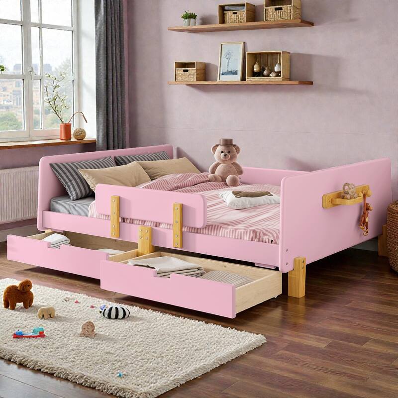 Twin/Full Wood Platform Bed with Storage Drawers, Guardrail, Shelf & Hooks, Solid Wood Frame, No Box Spring Needed - Pink - Full