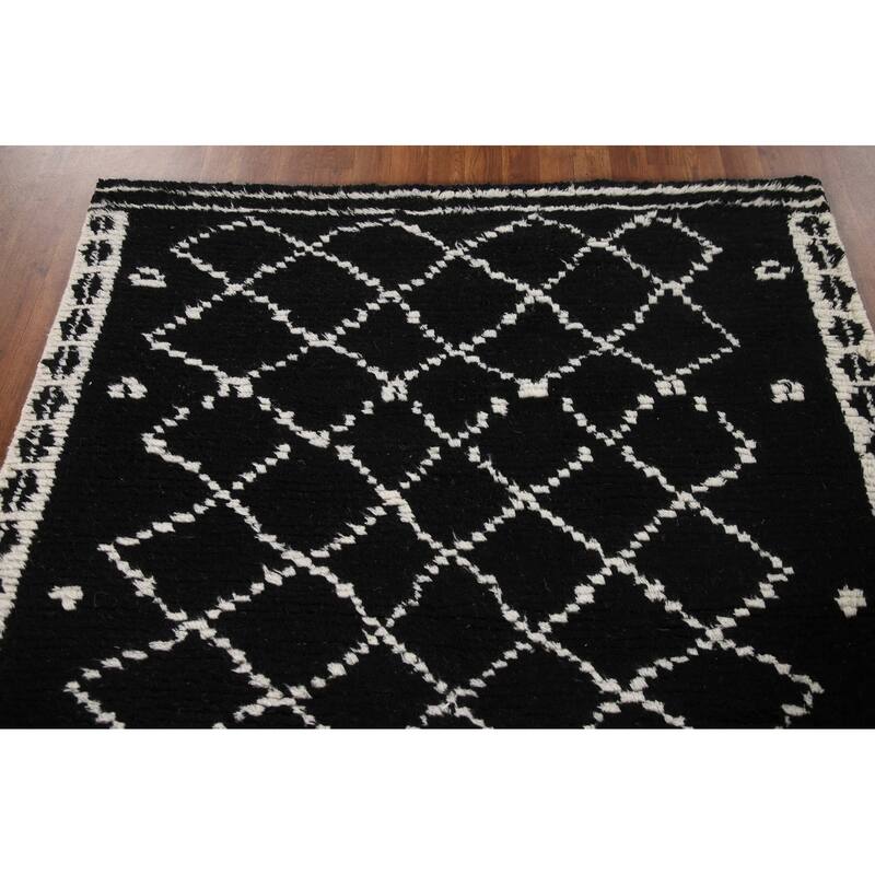 Black Plush Moroccan Indian Area Rug Hand-Knotted Wool Carpet - 5'2"x 8'1"