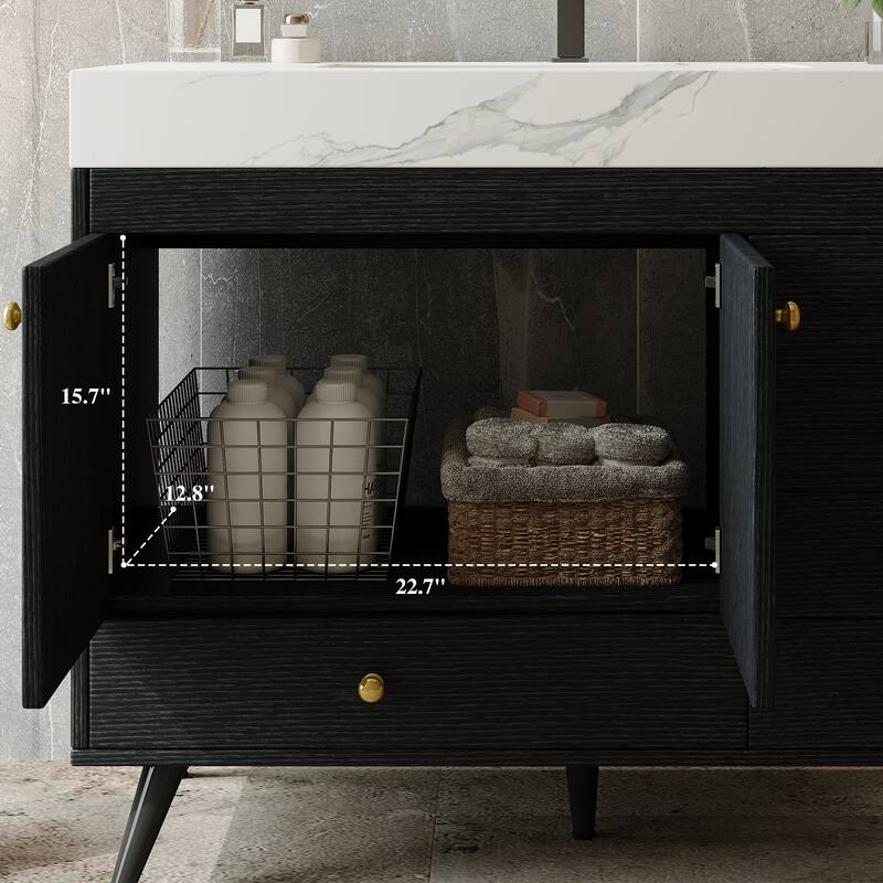 36" Freestanding Bathroom Vanity with Faux Marble Top, Ceramic Sink, 5 Drawers & Stainless Steel Legs