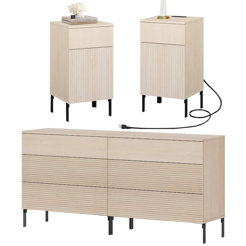 4 Pcs Bedroom Set，Reeded 6 Drawer Dresser and Nightstand Sets for Bedroom, Night Stand Set of 2 - Beige
