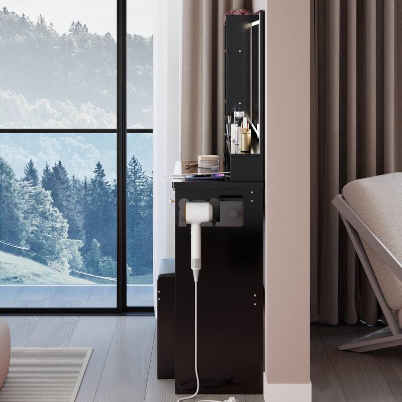 Vanity Desk with Touch Control LED Mirror, Makeup Table with Hair Dryer Stand, Vanity Table Set with Cushioned Stool