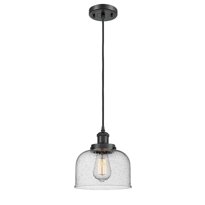 Innovations Lighting Large Bell 8" Wide Mini Pendant - Cord Hung - Matte Black / Seedy