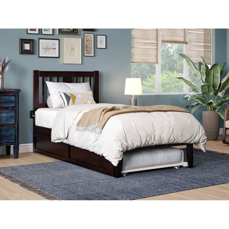 Twin Bed with Trundle - Espresso Finish, Solid Wood Frame - Space Saving Design