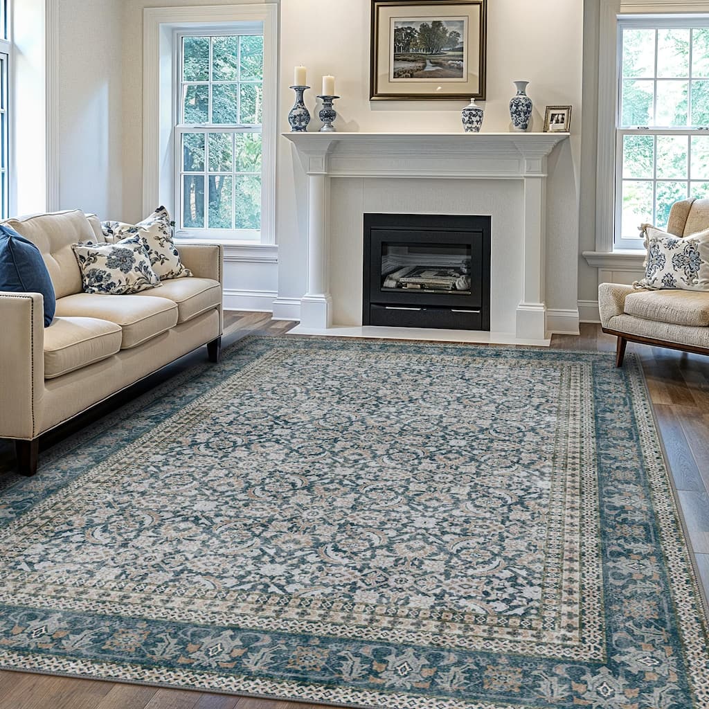 Mcow Grey Faded Floral Low Pile Machine Washable Non-Slip Area Rug