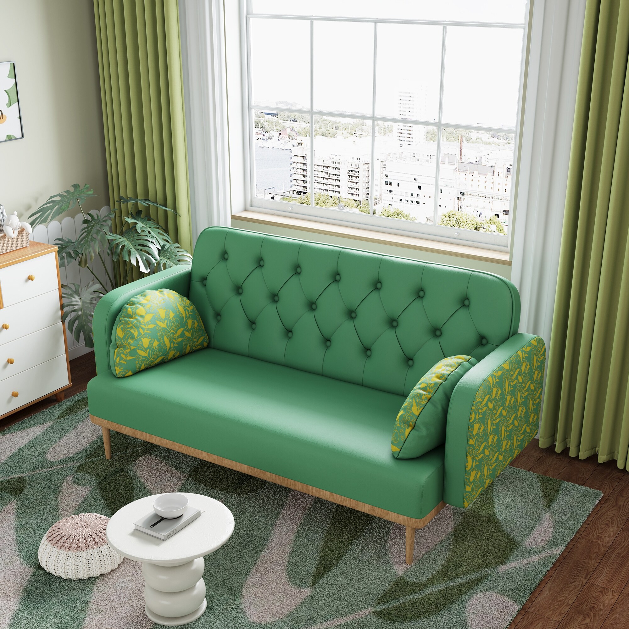 Green Loveseat Sofa with Tulip Pattern Upholstered Two Seater PU Sofa