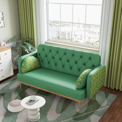 Modern Upholstered Two Seater Green Sofa with Tulip Pattern, Solid Wood Frame