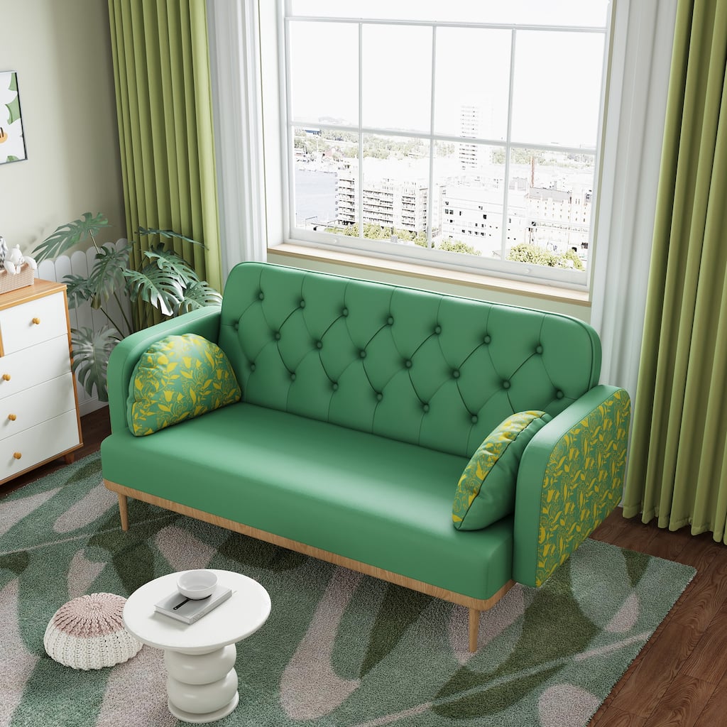Modern Upholstered Two Seater Green Sofa with Tulip Pattern, Solid Wood Frame