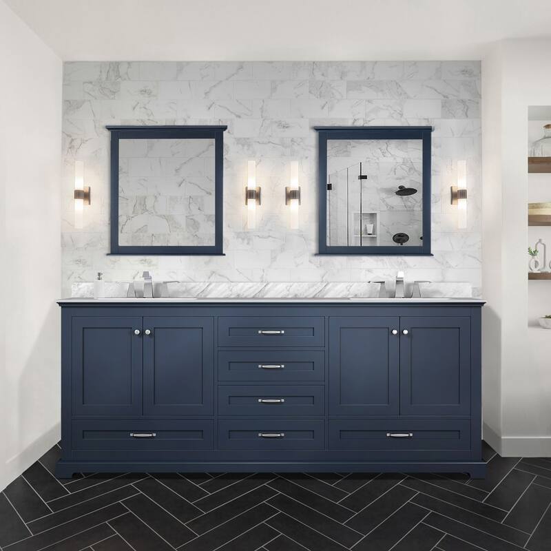 Dukes 80 in. W x 22 in. D Navy Blue Double Bath Vanity, Carrara Marble Top, Faucet Set, and 30 in. Mirrors