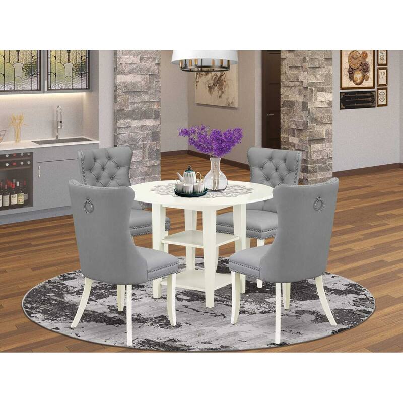 5-Piece Linen White Finish Solid Wood Top - Round Dining Room Set - Seats 4
