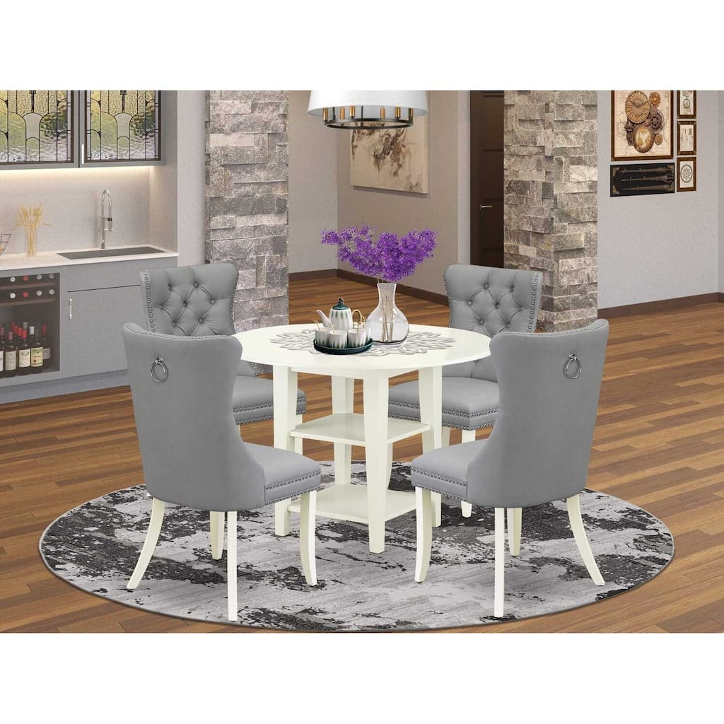 5-Piece Linen White Finish Solid Wood Top - Round Dining Room Set - Seats 4
