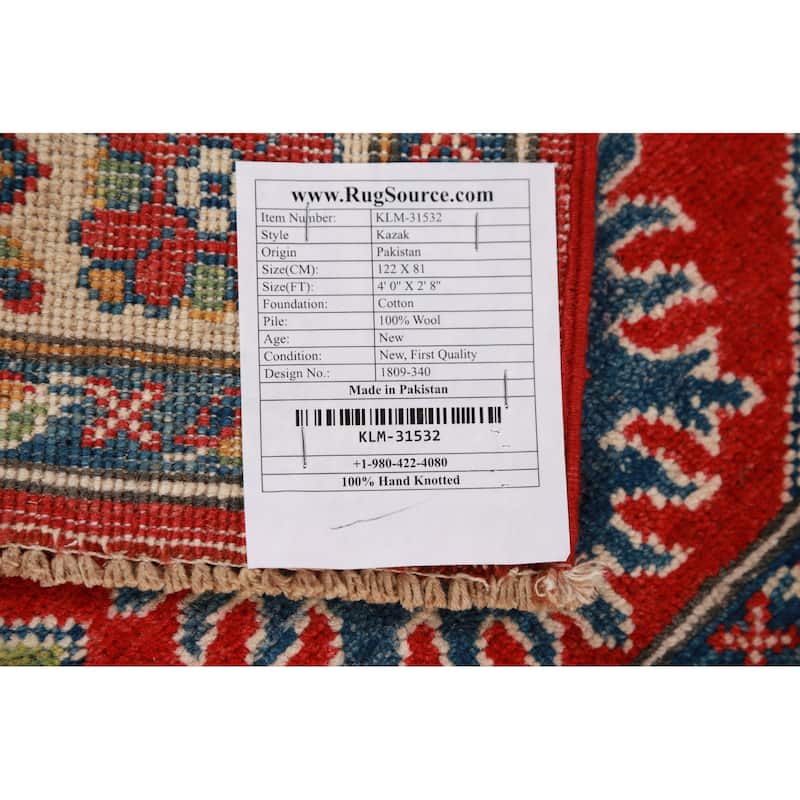 Red Kazak Foyer Rug Hand-Knotted Accent Geometric Wool Carpet - 2'8"x 4'0"