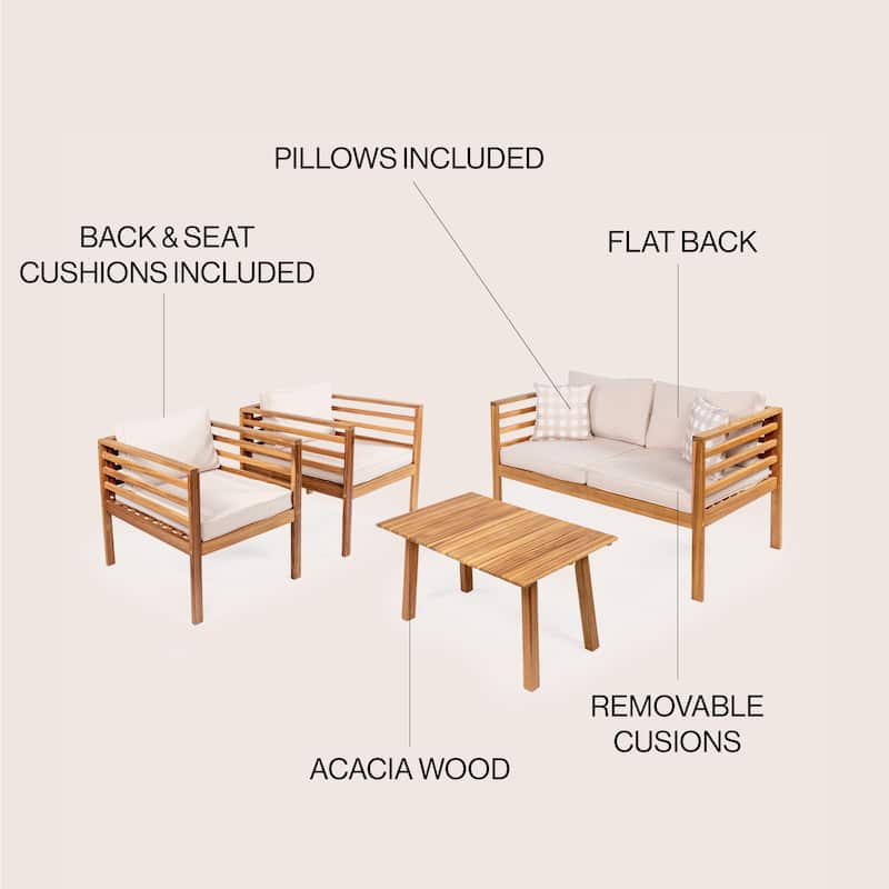 Everly 4-Piece Mid-Century Modern Acacia Wood Outdoor Patio Set with Cushions and Plaid Decorative Pillows, by JONATHAN Y