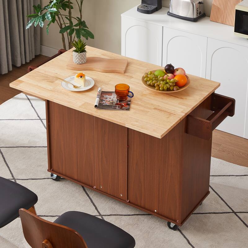 Kitchen Island with Drop-Leaf Countertop, Portable Wooden Kitchen Island Cart on Wheels, Breakfast Bar with 3 Drawers