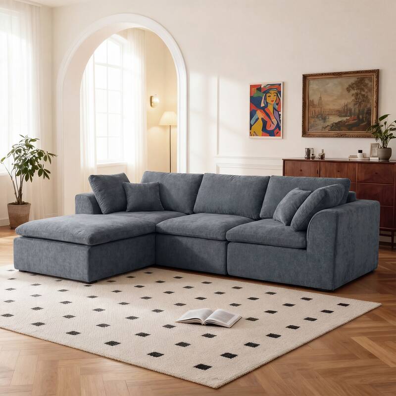 L-Shaped Chenille Sectional Sofa with Chaise Lounge, Living Room Modular Leisure Couch Chenille Sleeper Sofa