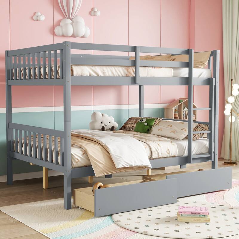 Full Over full Rubber Wood Bunk Bed with 2 Drawers, into 2 full Beds, full Size Bunk Bed with Ladder and Safety Guardrails