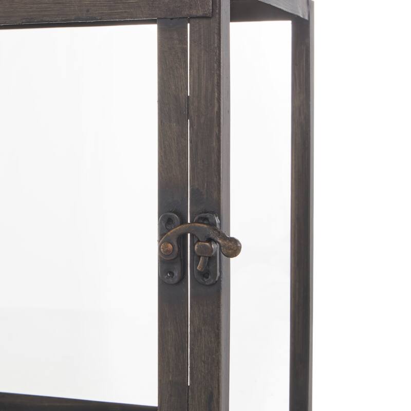 Dark Gray Metal Brushed Rectangular Indoor Outdoor Candle Lantern with Brown Wood Tops (Set of 2)