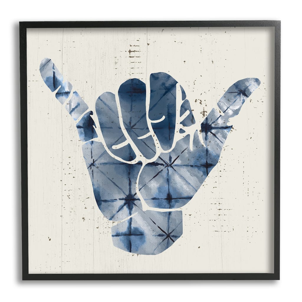 Stupell Abstract Shaka Sign Hand Gesture Blue Geometric Pattern Framed Wall Art