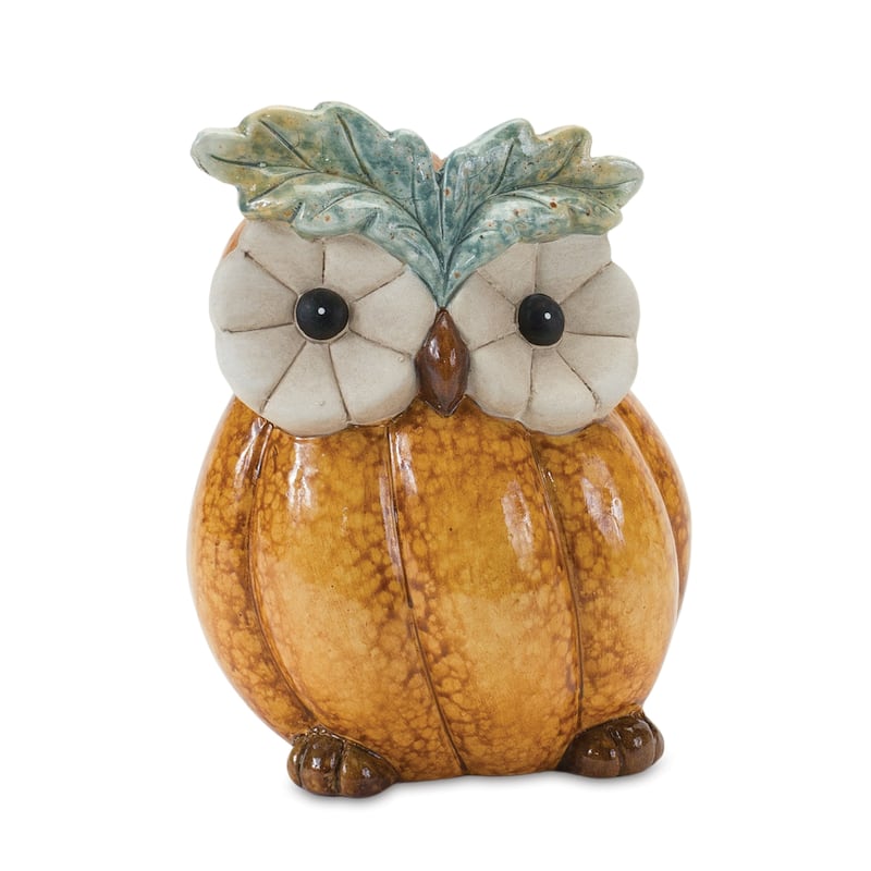 Set of 2 Orange and Yellow Pumpkin Owl Tabletop Thanksgiving Figurines 7"
