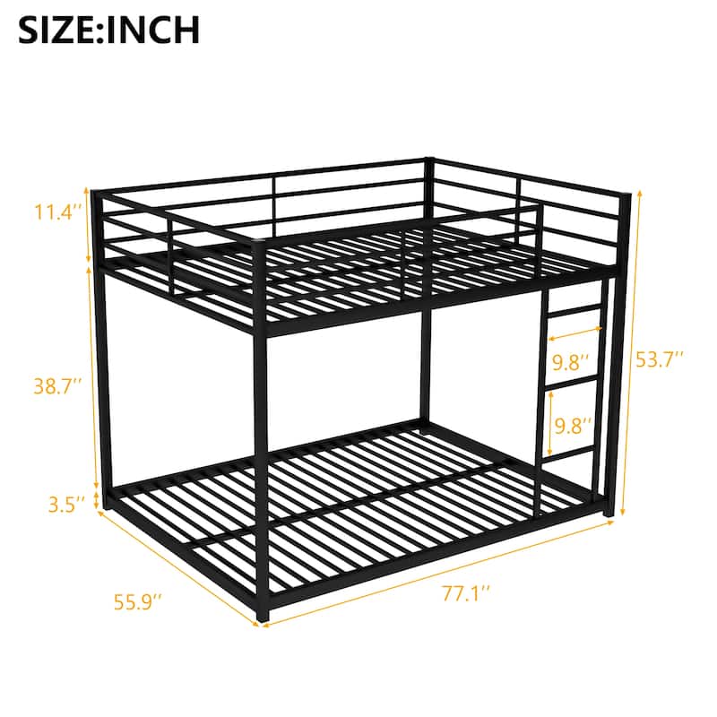 Modern Full Over Full Metal Bunk Bed, Low Design with Safety Guardrails and Easy Access Ladder