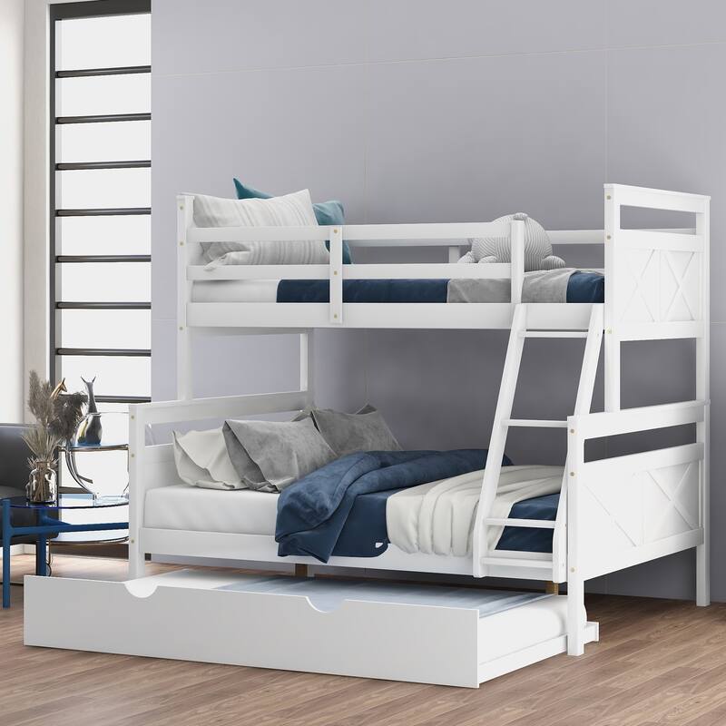 Twin over Full Bunk Bed with Ladder, Twin Size Trundle, Safety Guardrail, White and Grey
