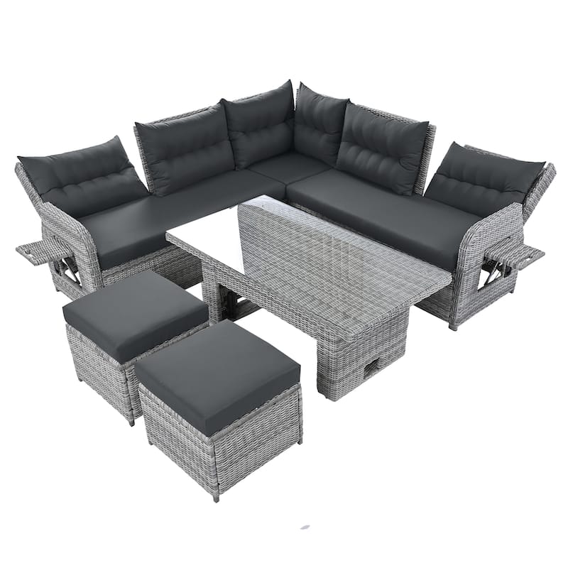 Outdoor Furniture Set Patio Rattan Furniture Set with an Adjustable Table, Recliners with Extendable Side Tables