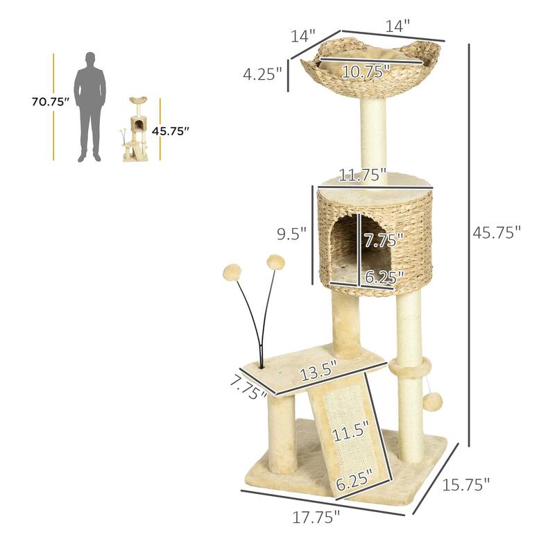 45" Cat Tree for Indoor Cats, Cat Tree Tower with Scratching Posts, Ramp, Condo, Toy Balls, Platforms, Bed, Ramp - Beige