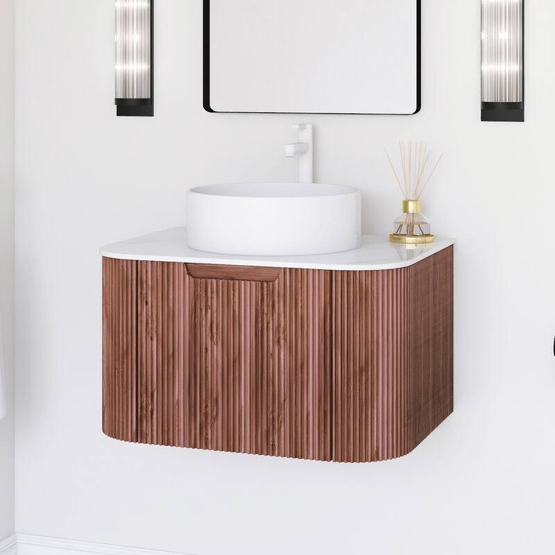 Plywood Wall-Mounted Bathroom Vanity Set with Integrated Ceramic Sink in Natural Wood